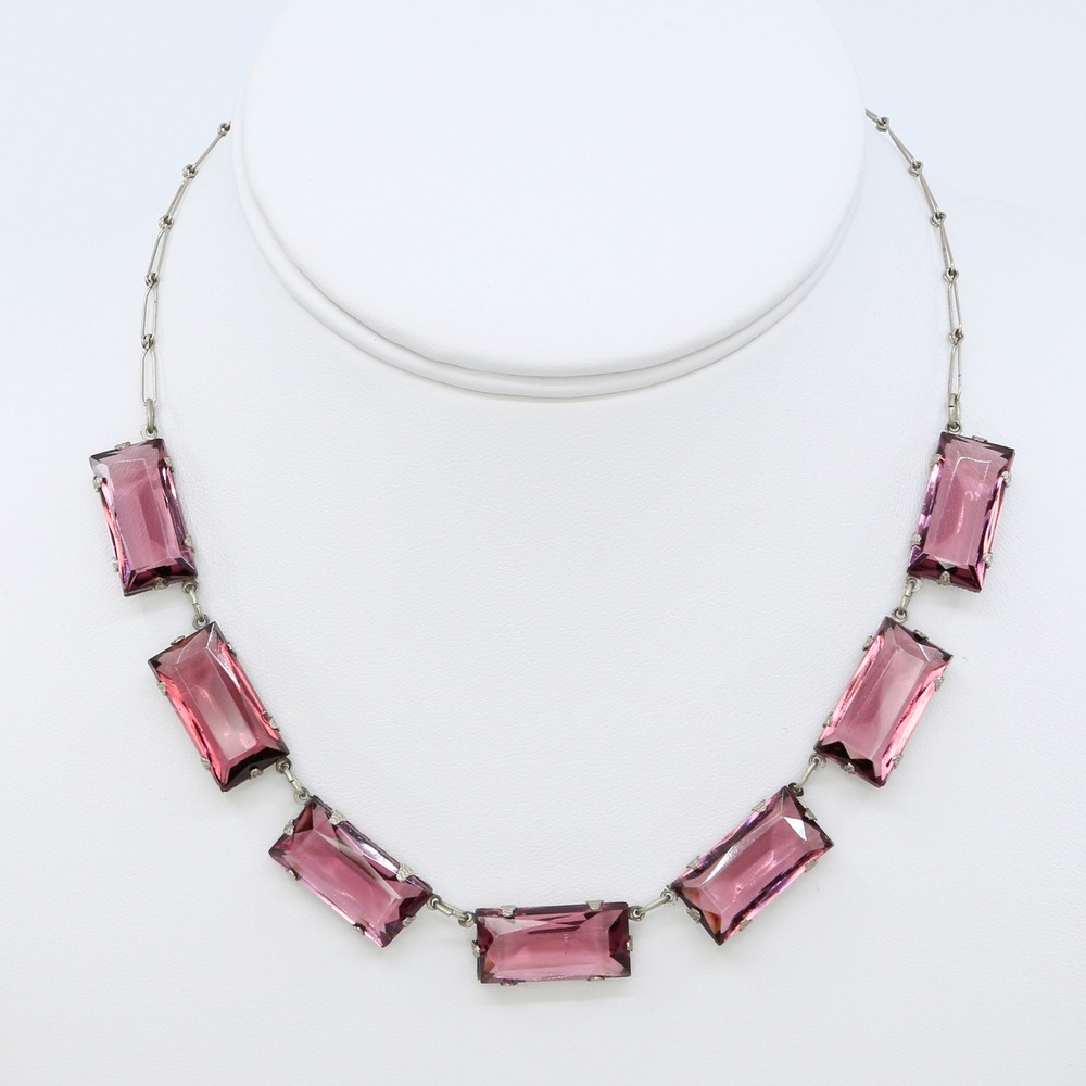Vintage Art Deco Czech Style Rhodium Plated Purple Glass Panel Necklace 1930s